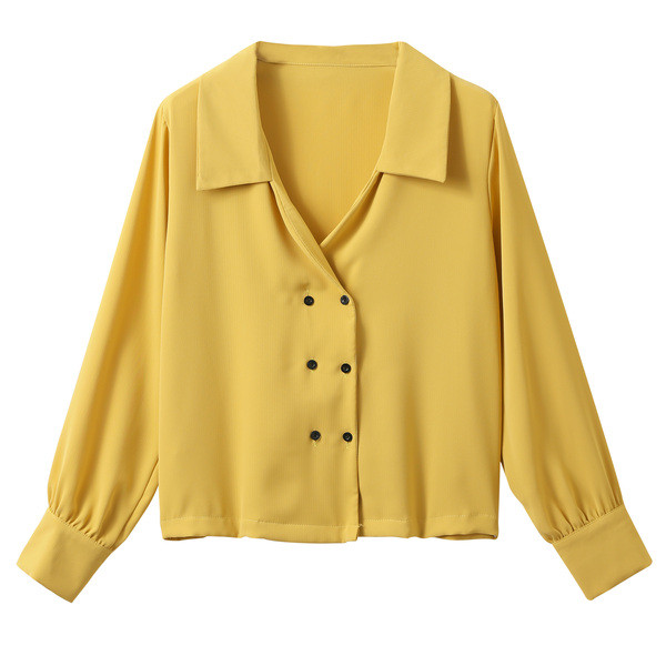 Cămașă modernă de damă cu decolteu în V și închidere dublă de culoare galbenă