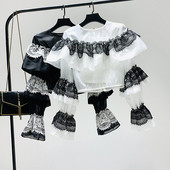 Modern női blúz csipkével és O-nyakú fehér és fekete színben