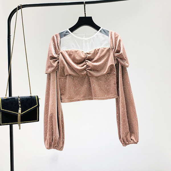 Női blúz új modell tüll és fényes hatású rózsaszín és fekete színben