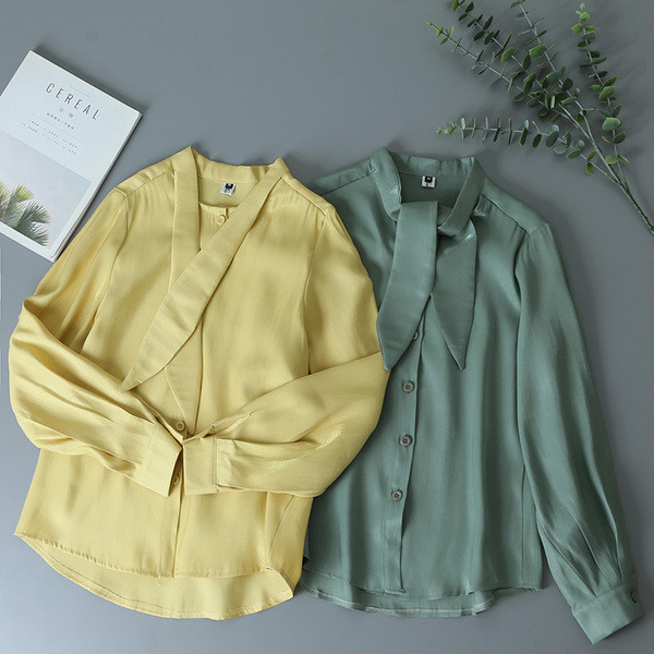 Női ing, sárga és zöld színben megkötő gallérral