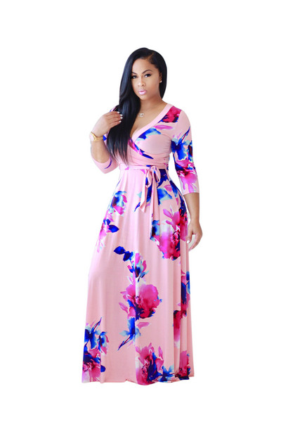 Καθημερινό μακρύ γυναικείο φόρεμα με 3/4 μανίκια και γραβάτες σε μπλε και ροζ χρώμα