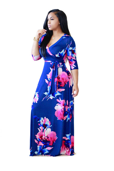 Καθημερινό μακρύ γυναικείο φόρεμα με 3/4 μανίκια και γραβάτες σε μπλε και ροζ χρώμα