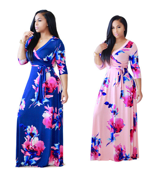 Καθημερινό μακρύ γυναικείο φόρεμα  με 3/4 μανίκια και γραβάτες σε μπλε και ροζ χρώμα