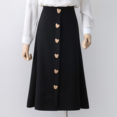 Fusta de dama eleganta cu talie inalta si nasturi aurii in negru