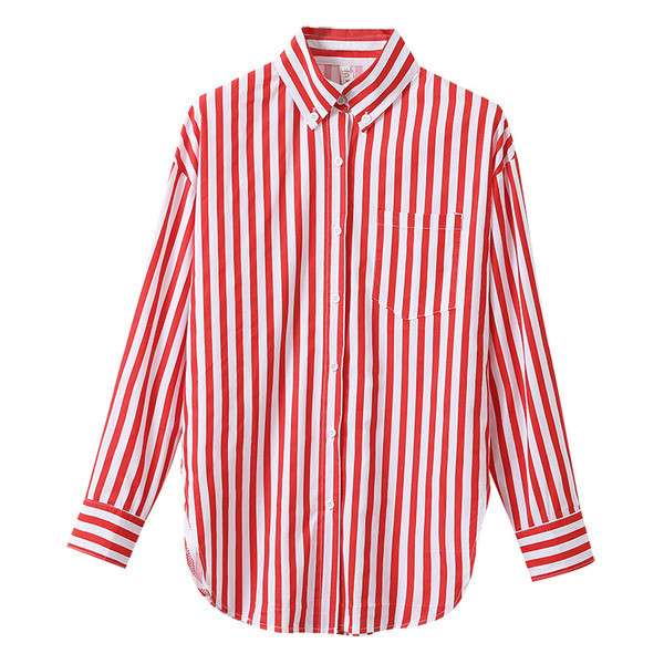 Ριγέ γυναικείο πουκάμισο με κλασικό γιακά με κόκκινο χρώμα