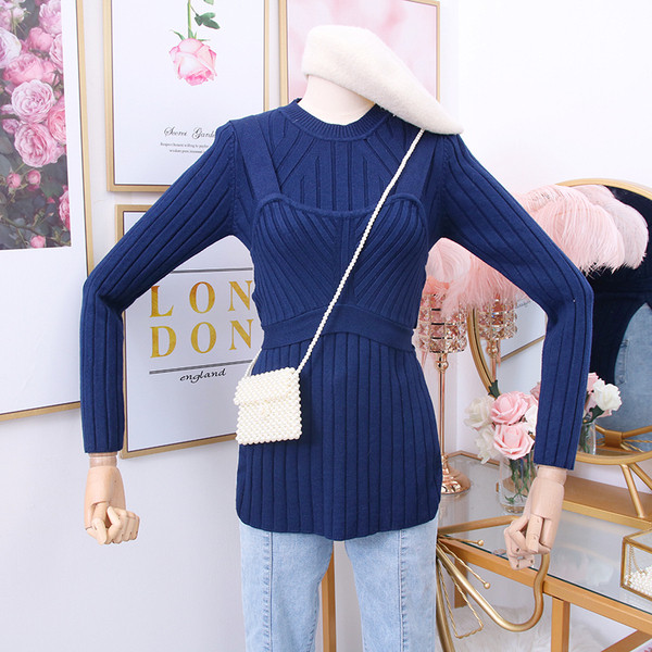 Νέο μοντέλο γυναικείο πουλόβερ με O-λαιμόκοψη σε μπεζ, μαύρο και μπλε χρώμα