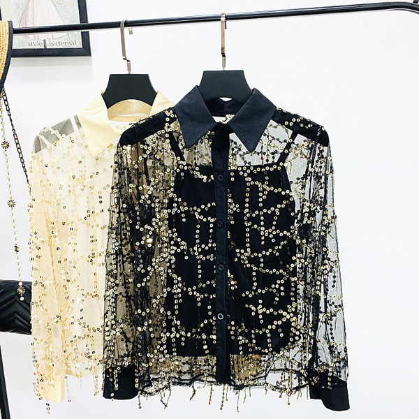 Cămașă de damă cu guler clasic și paiete în două culori