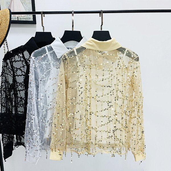 Cămașă de damă cu guler clasic și paiete în două culori