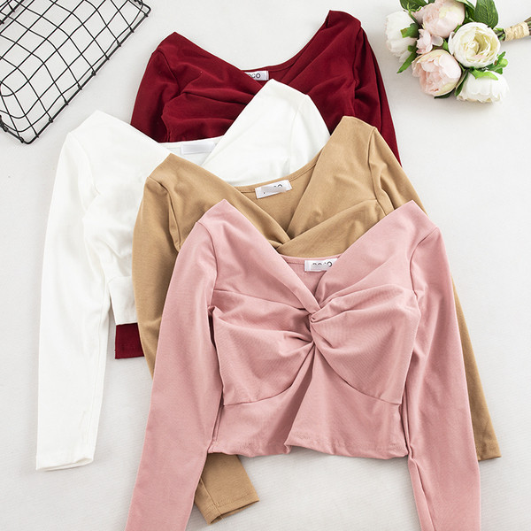 Bluză de damă în șase culori cu decolteu în V și mâneci lungi