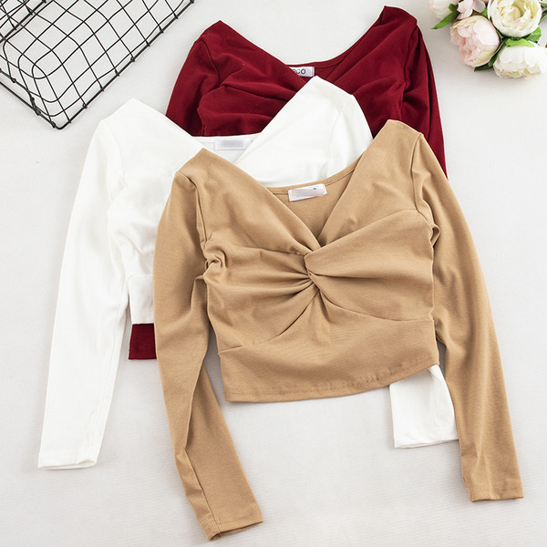 Bluză de damă în șase culori cu decolteu în V și mâneci lungi