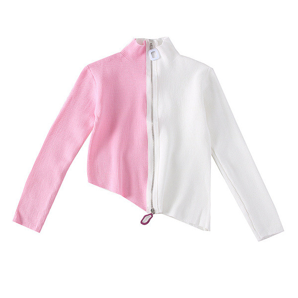 Vestă asimetrică de damă modernă cu fermoar în culorile roz, albastru și maro