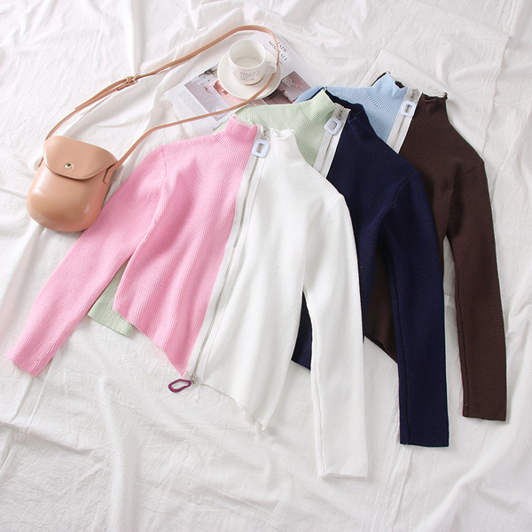 Vestă asimetrică de damă modernă cu fermoar în culorile roz, albastru și maro