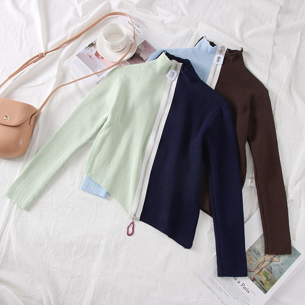 Vestă asimetrică de damă modernă cu fermoar în culorile roz, albastru și maro