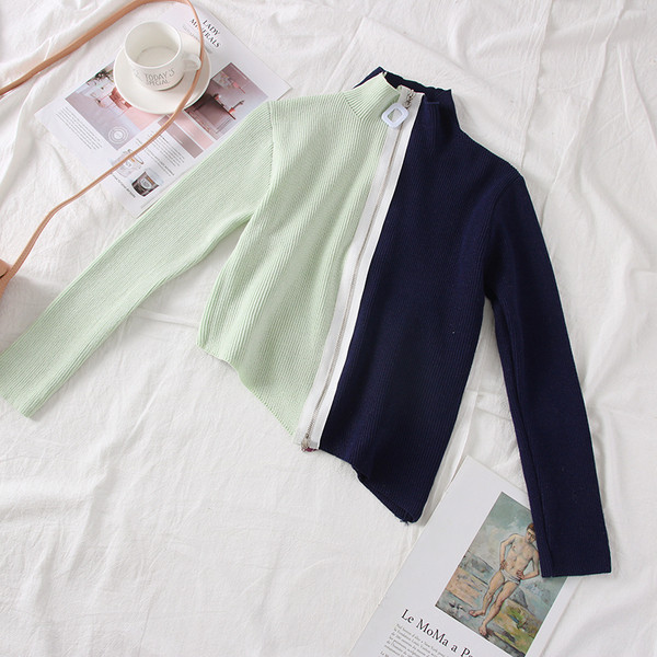 Vestă asimetrică de damă modernă cu fermoar în culorile roz, albastru și maro