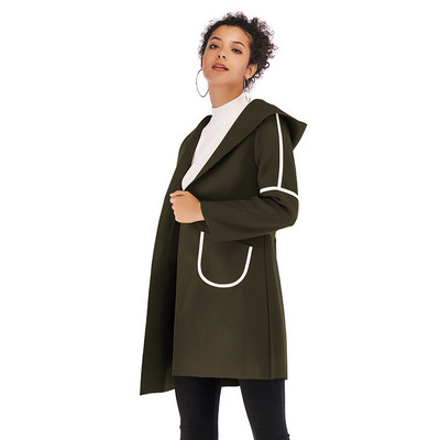 Μοντέρνο γυναικείο μακρύ παλτό με τσέπη και κουκούλα σε τέσσερα χρώματα