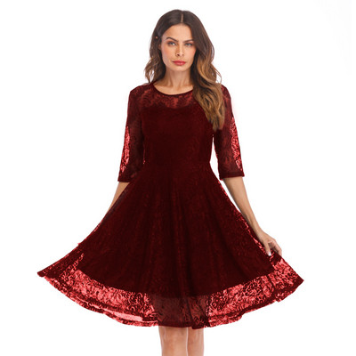 Μοντέρνο γυναικείο κοντό φόρεμα με 3/4 μανίκια και δαντέλα σε κόκκινο, μπλε και μαύρο χρώμα