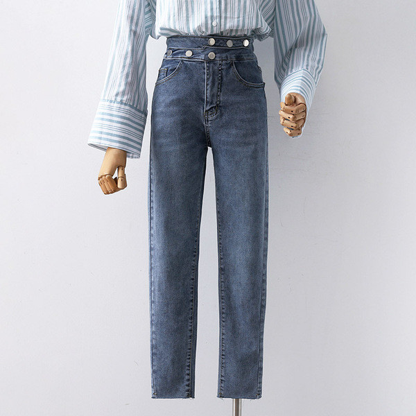 Blugi de dama moderni drepti cu talie inalta in albastru