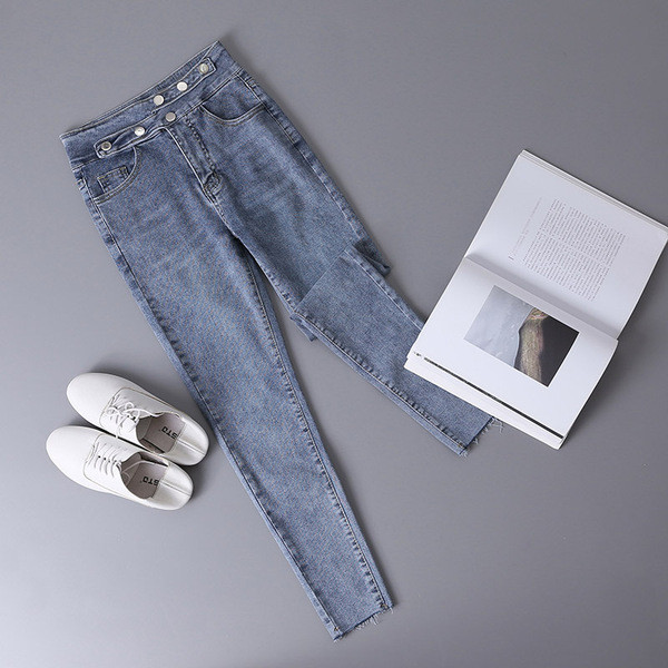 Blugi de dama moderni drepti cu talie inalta in albastru