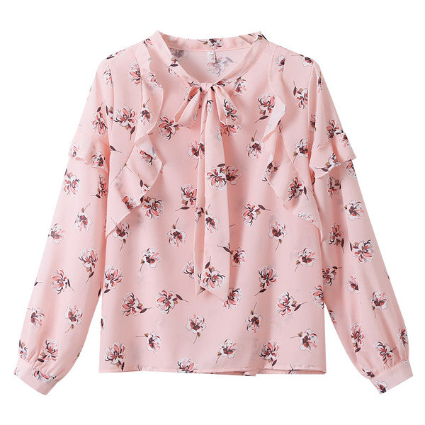 Cămașă de damă cu panglică și model floral în culoarea roz