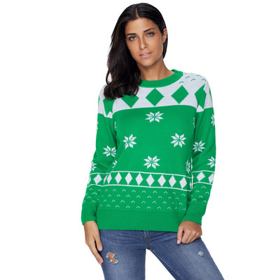 Γυναικείο πουλόβερ O-Neck και μακρύ μανίκι σε πράσινο, λευκό και κόκκινο χρώμα