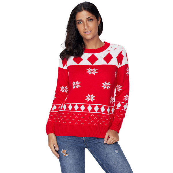 Γυναικείο πουλόβερ O-Neck και μακρύ μανίκι σε πράσινο, λευκό και κόκκινο χρώμα