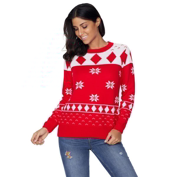 Γυναικείο πουλόβερ O-Neck και μακρύ μανίκι σε πράσινο, λευκό και κόκκινο χρώμα