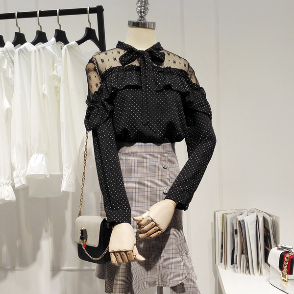 Νέο μοντέλο γυναικείο πουκάμισο πουά σε μαύρο και άσπρο χρώμα