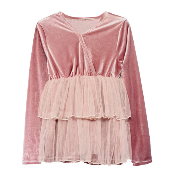 Γυναικεία βελούδο μπλούζα με τούλι σε δύο χρώματα