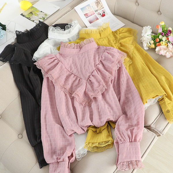 Cămașă modernă de damă cu guler înalt în patru culori și mâneci lungi