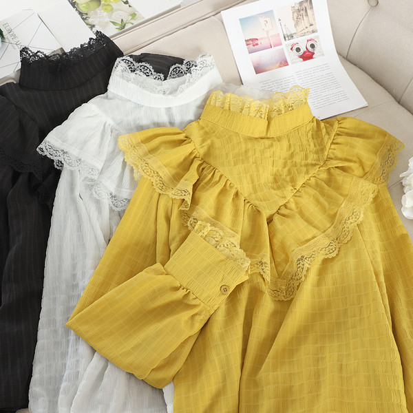 Cămașă modernă de damă cu guler înalt în patru culori și mâneci lungi