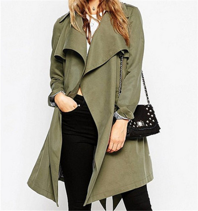 Модерно дамско дълго палто с връзки и джоб в зелен цвят