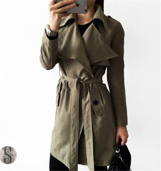 Модерно дамско дълго палто с връзки и джоб в зелен цвят 