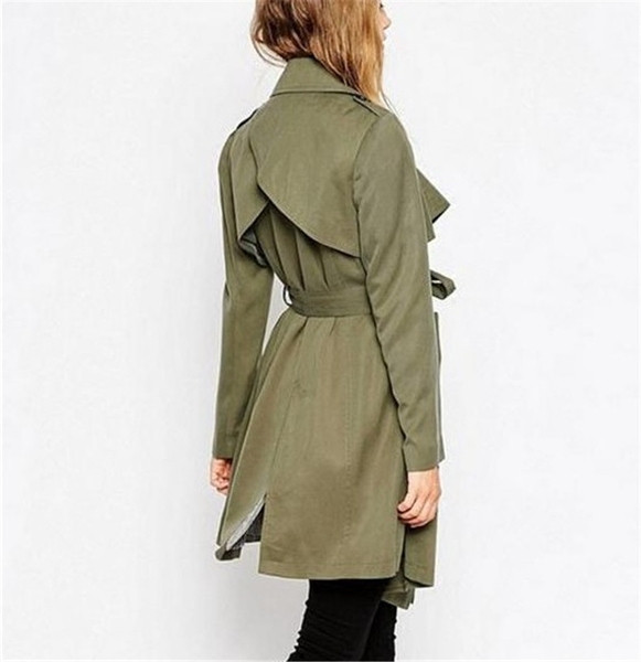 Модерно дамско дълго палто с връзки и джоб в зелен цвят 