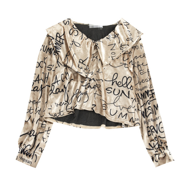 Női bársony blúz V-nyakkal és feliratokkal