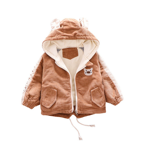 Geaca moderna pentru baieti pentru copii cu gluga si element 3D in maro, galben si portocaliu