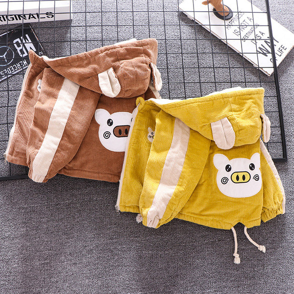 Geaca moderna pentru baieti pentru copii cu gluga si element 3D in maro, galben si portocaliu