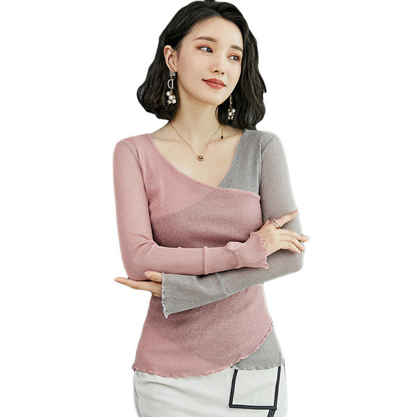 Modern női blúz két színben, V-nyakú és hosszú ujjú