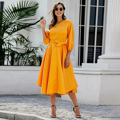 Μοντέρνο γυναικείο φόρεμα μακρυμάνικο σε κίτρινος και μαύρο χρώμα