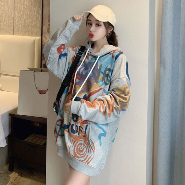 Hanorac lung pentru femei, de actualitate, gri, cu glugă și cravate