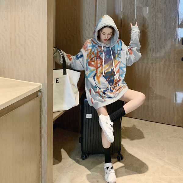 Hanorac lung pentru femei, de actualitate, gri, cu glugă și cravate