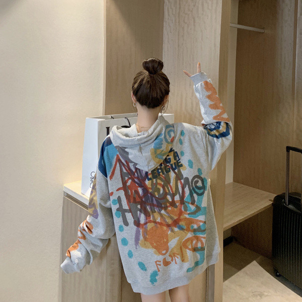 Hanorac lung pentru femei, de actualitate, gri, cu glugă și cravate