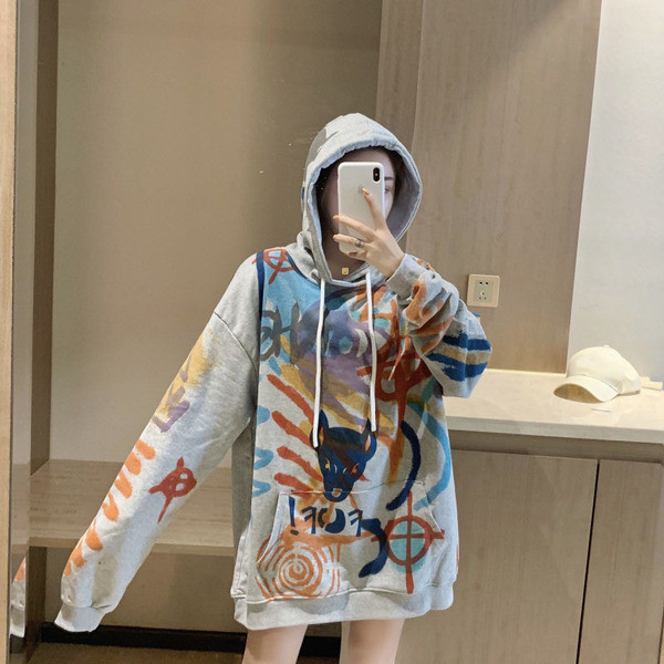 Hanorac lung pentru femei, de actualitate, gri, cu glugă și cravate