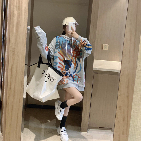 Hanorac lung pentru femei, de actualitate, gri, cu glugă și cravate