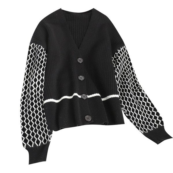 Μοντέρνα γυναικεία ζακέτα  με V-κολάρο σε μαύρο και άσπρο χρώμα