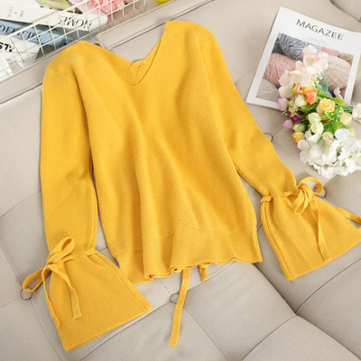 Pulover de dama modern cu cravate si decolteu in V in mai multe culori