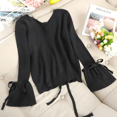 Pulover de dama modern cu cravate si decolteu in V in mai multe culori