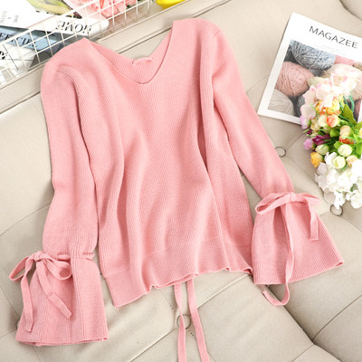 Pulover de dama modern cu cravate si decolteu in V in mai multe culori