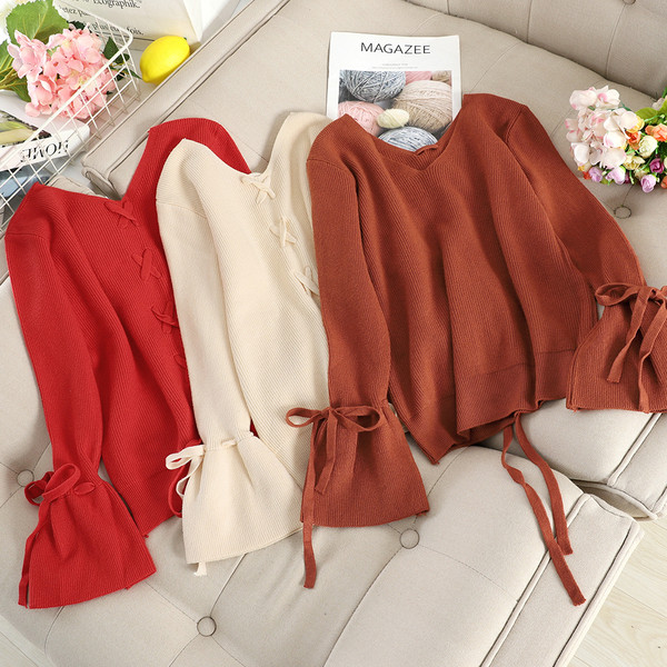 Pulover de dama modern cu cravate si decolteu in V in mai multe culori