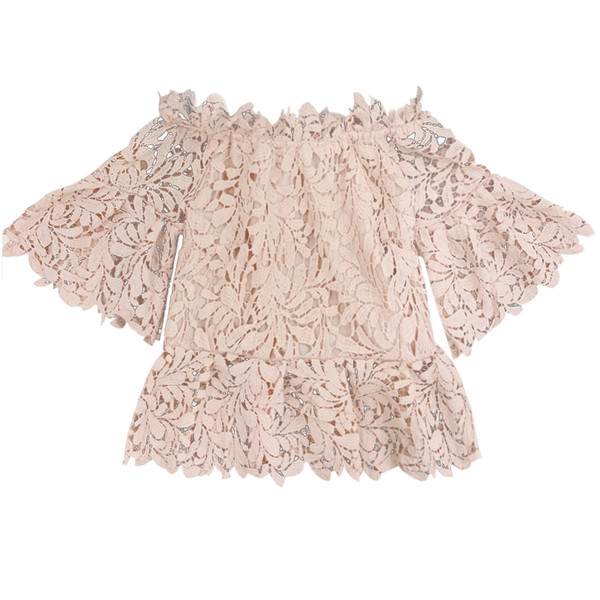 Bluză de damă din dantelă cu umerii goi și mâneci lotus în negru, alb și roz