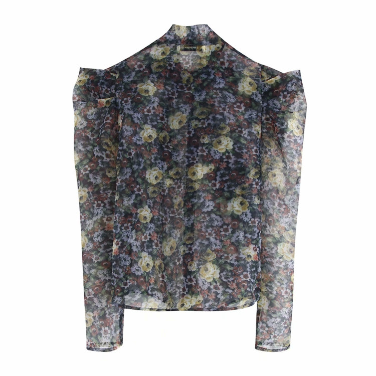 Cămașă modernă de șifon de damă, cu decolteu și model cu model